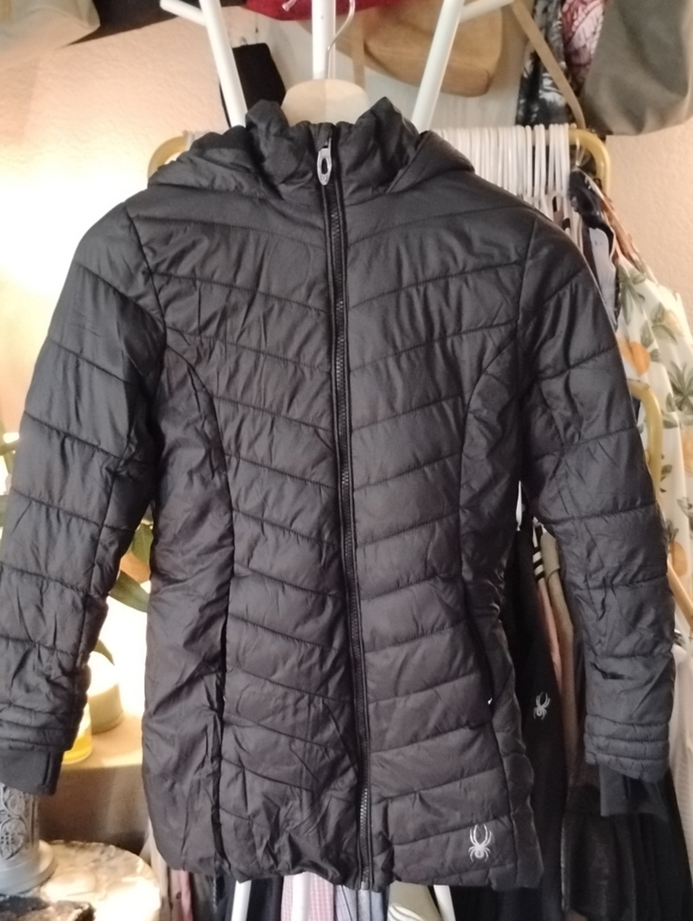 Skiers! SPYDER Girl's Black Quilted Hooded Puffer Jacket